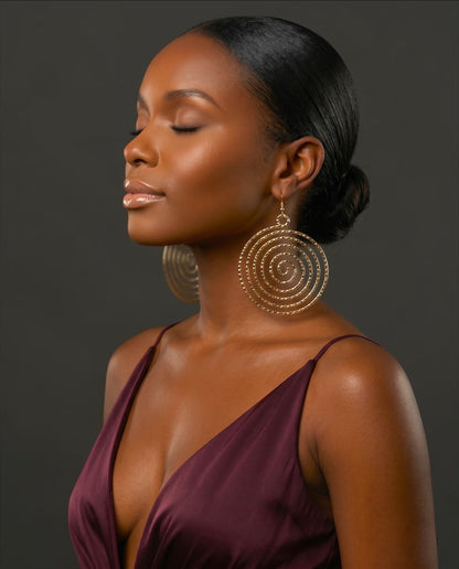 Gold Spiral Statement Earrings – Oversized Round Swirl Drop Earrings - Fatisha Boutique #