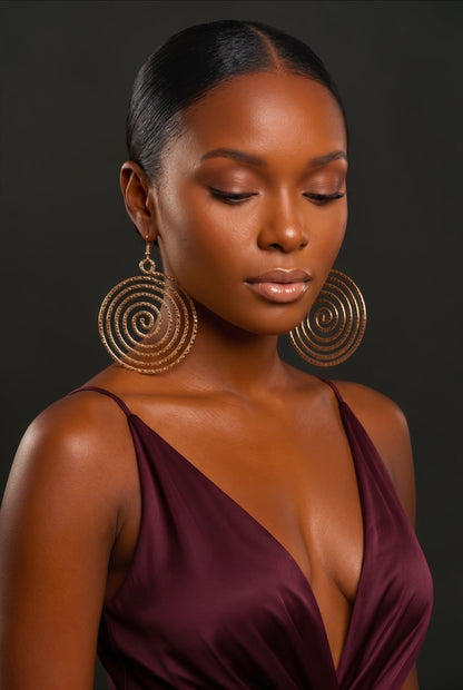 Gold Spiral Statement Earrings – Oversized Round Swirl Drop Earrings - Fatisha Boutique #