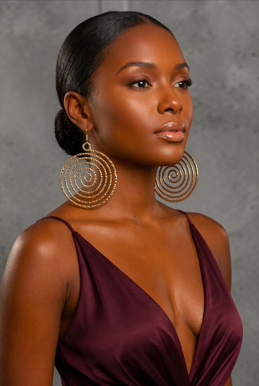 Gold Spiral Statement Earrings – Oversized Round Swirl Drop Earrings - Fatisha Boutique #