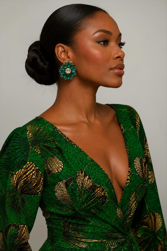 Emerald Crystal Floral Statement Earrings