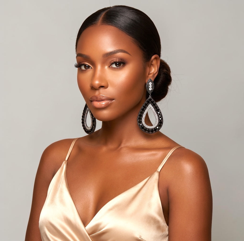 Black Rhinestone Teardrop Statement Earrings - Fatisha Boutique #