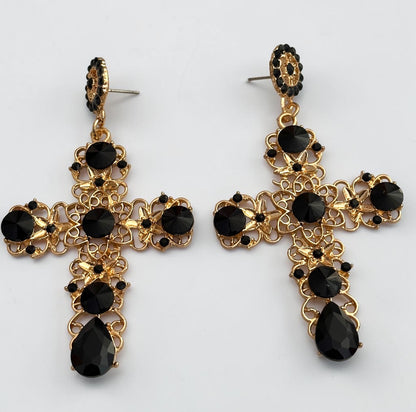 Baroque Cross Black Rhinestone Earrings