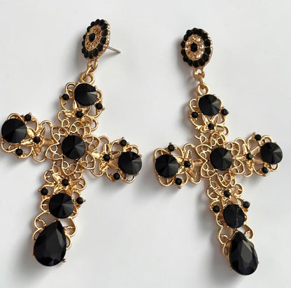 Baroque Cross Black Rhinestone Earrings