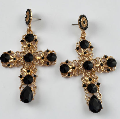 Baroque Cross Black Rhinestone Earrings