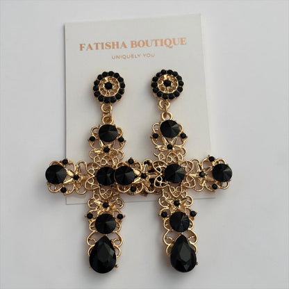 Baroque Cross Black Rhinestone Earrings