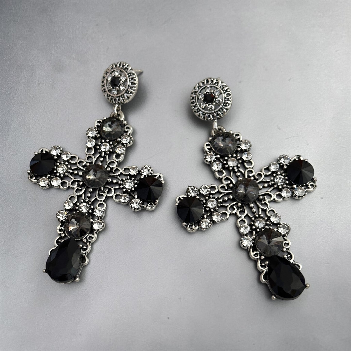 Baroque Cross Black Rhinestone Earrings