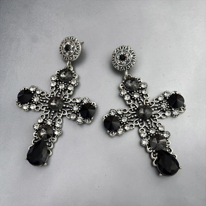Baroque Cross Black Rhinestone Earrings