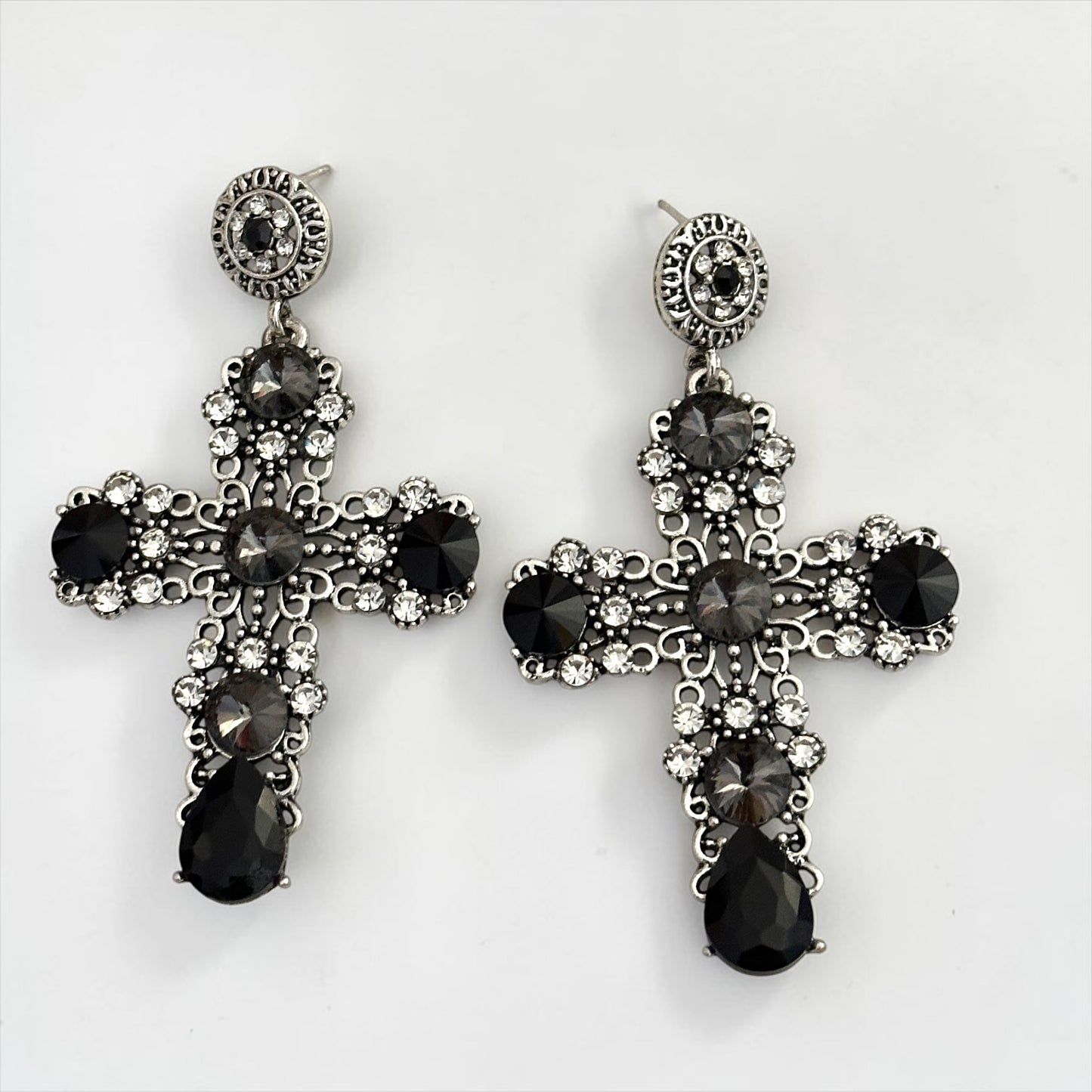 Baroque Cross Black Rhinestone Earrings