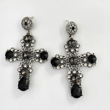 Baroque Cross Black Rhinestone Earrings