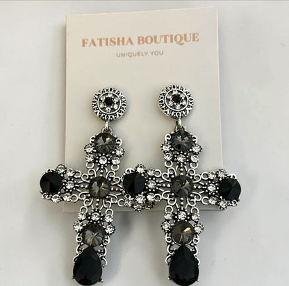 Baroque Cross Black Rhinestone Earrings