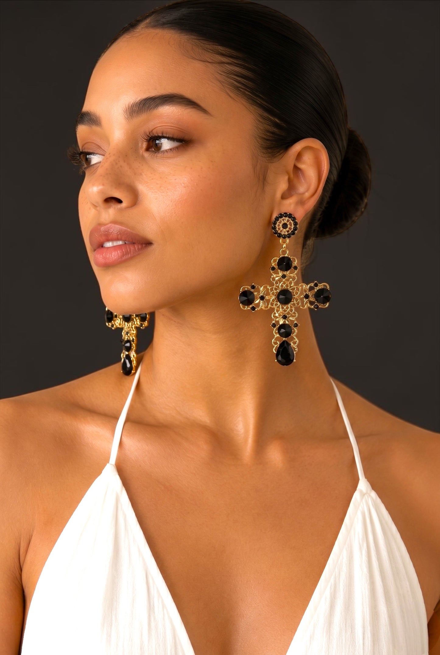 Baroque Cross Black Rhinestone Earrings
