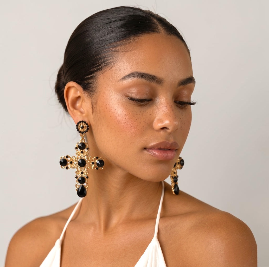 Baroque Cross Black Rhinestone Earrings