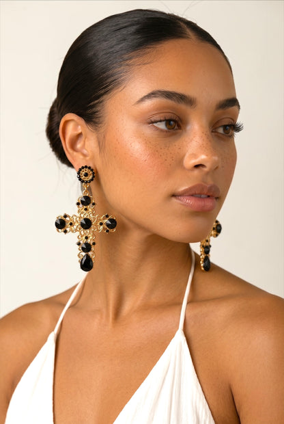Baroque Cross Black Rhinestone Earrings