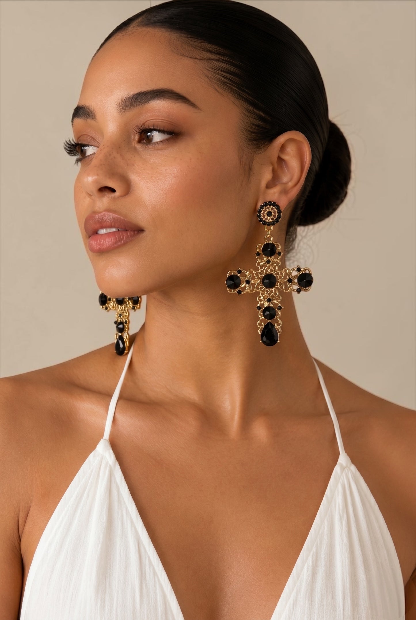 Baroque Cross Black Rhinestone Earrings
