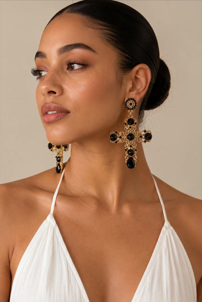 Baroque Cross Black Rhinestone Earrings