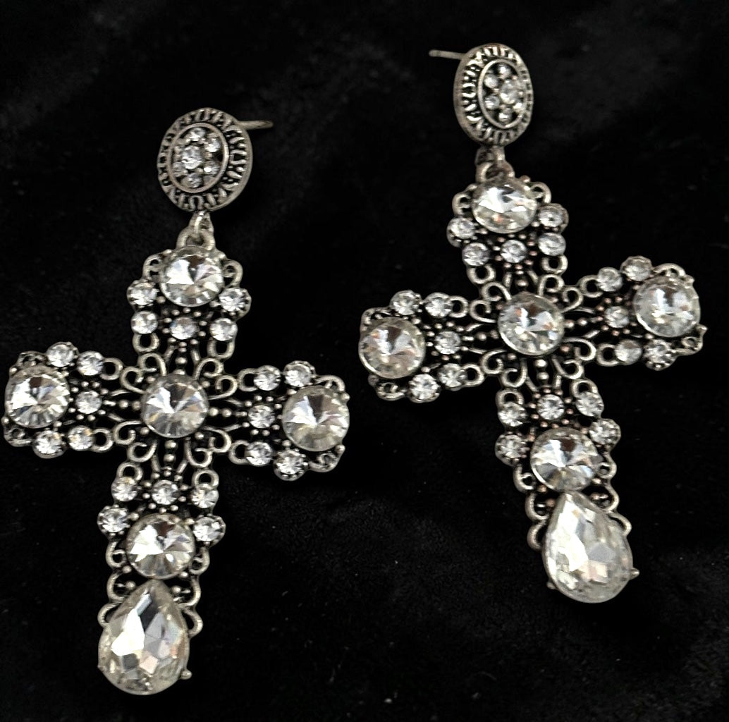 Vintage Crystal Cross Statement Earrings