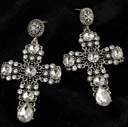 Vintage Crystal Cross Statement Earrings