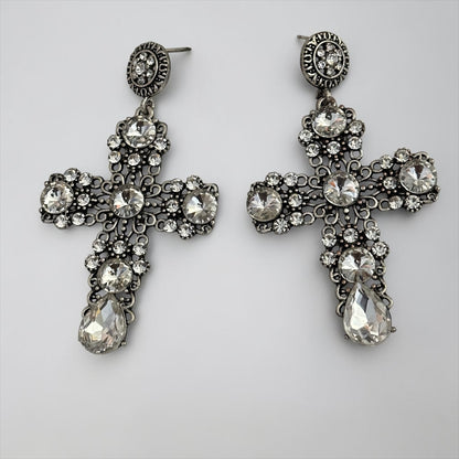 Vintage Crystal Cross Statement Earrings