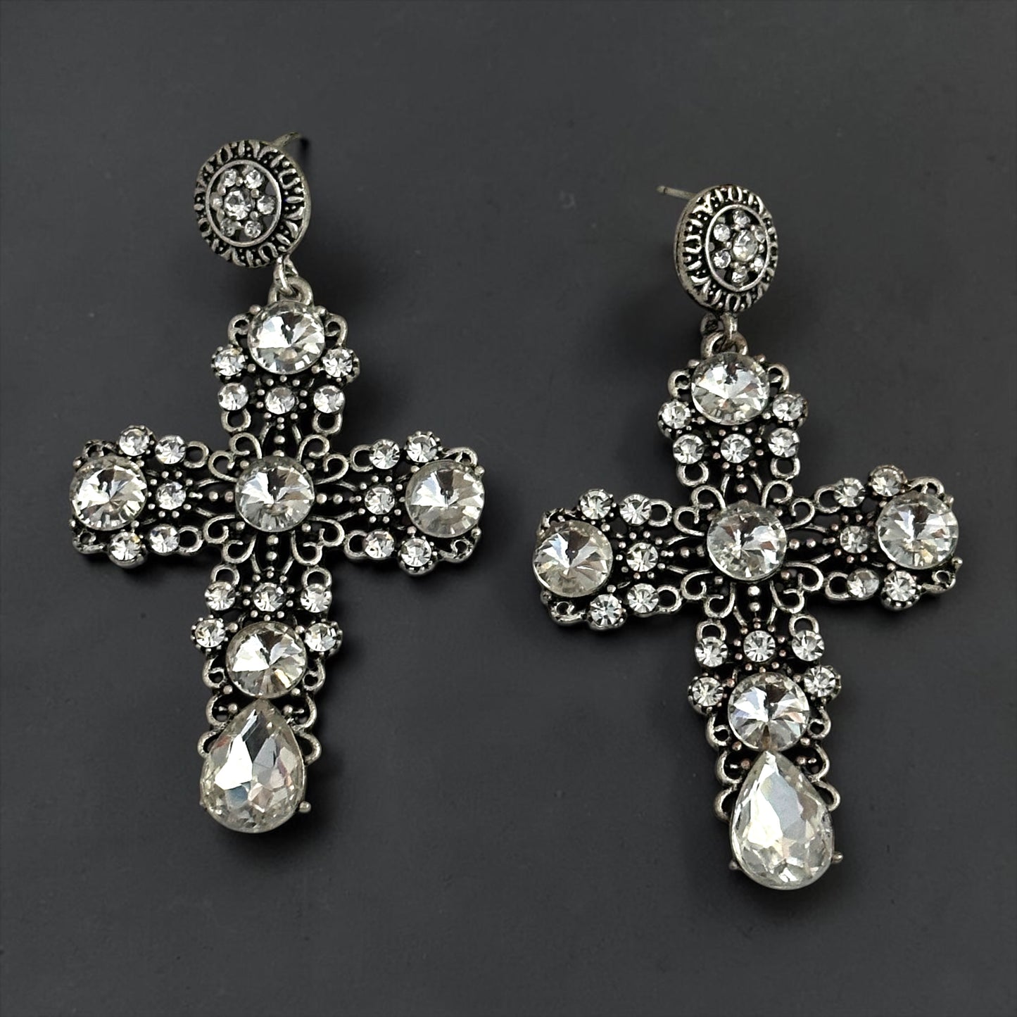 Vintage Crystal Cross Statement Earrings