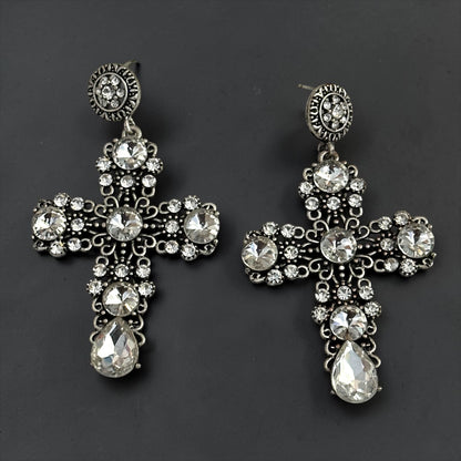 Vintage Crystal Cross Statement Earrings