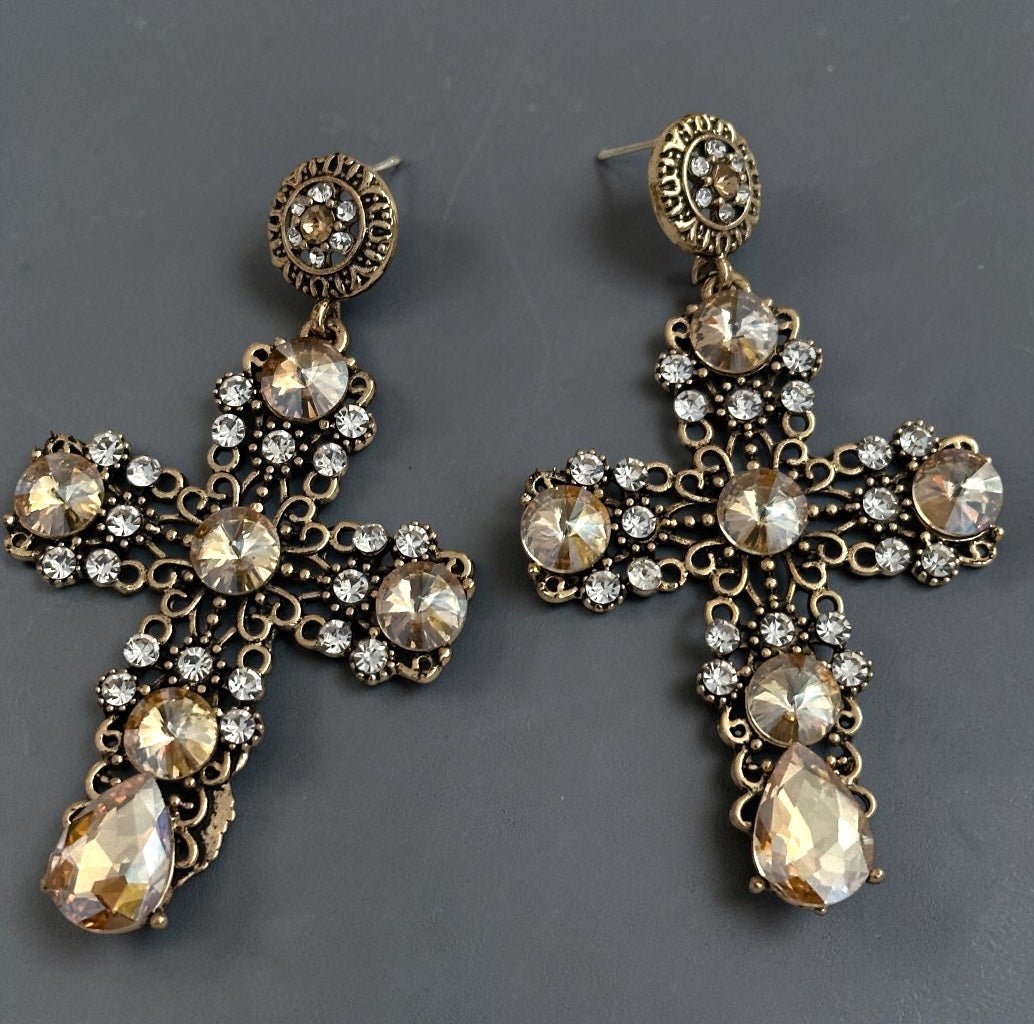 Vintage Crystal Cross Statement Earrings