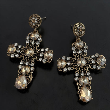 Vintage Crystal Cross Statement Earrings