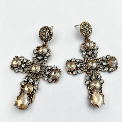 Vintage Crystal Cross Statement Earrings
