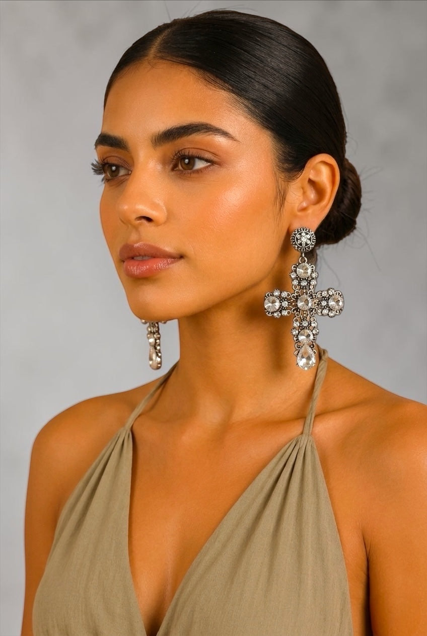 Vintage Crystal Cross Statement Earrings