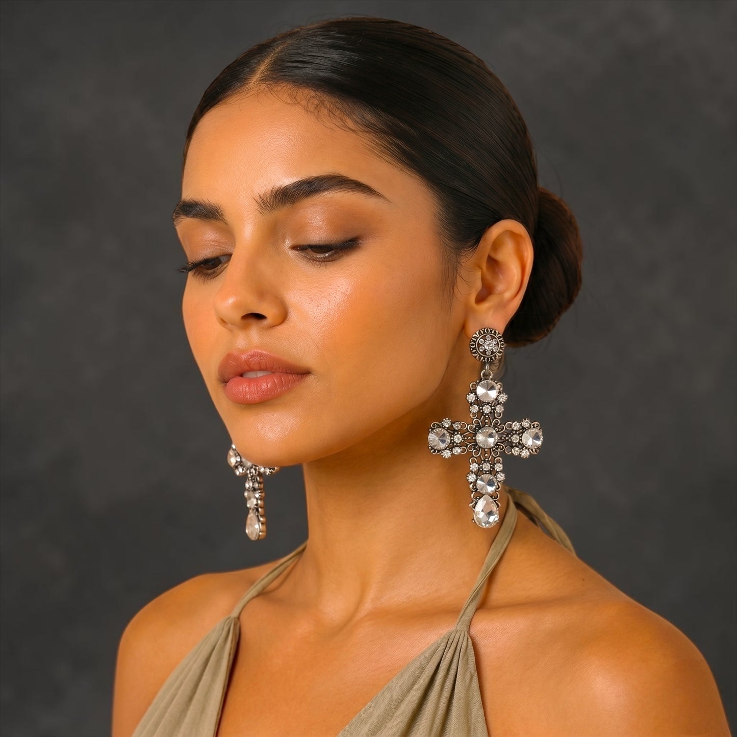 Vintage Crystal Cross Statement Earrings