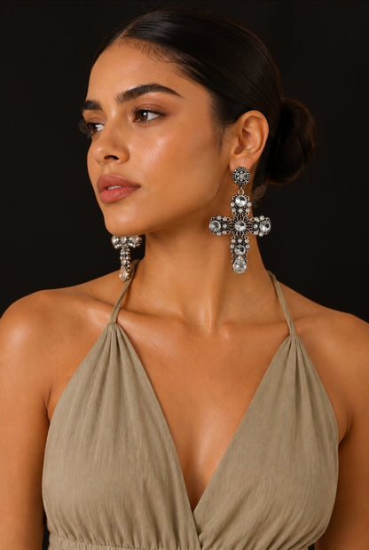 Vintage Crystal Cross Statement Earrings