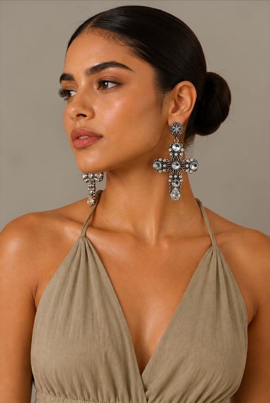 Vintage Crystal Cross Statement Earrings