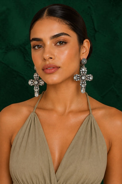 Vintage Crystal Cross Statement Earrings