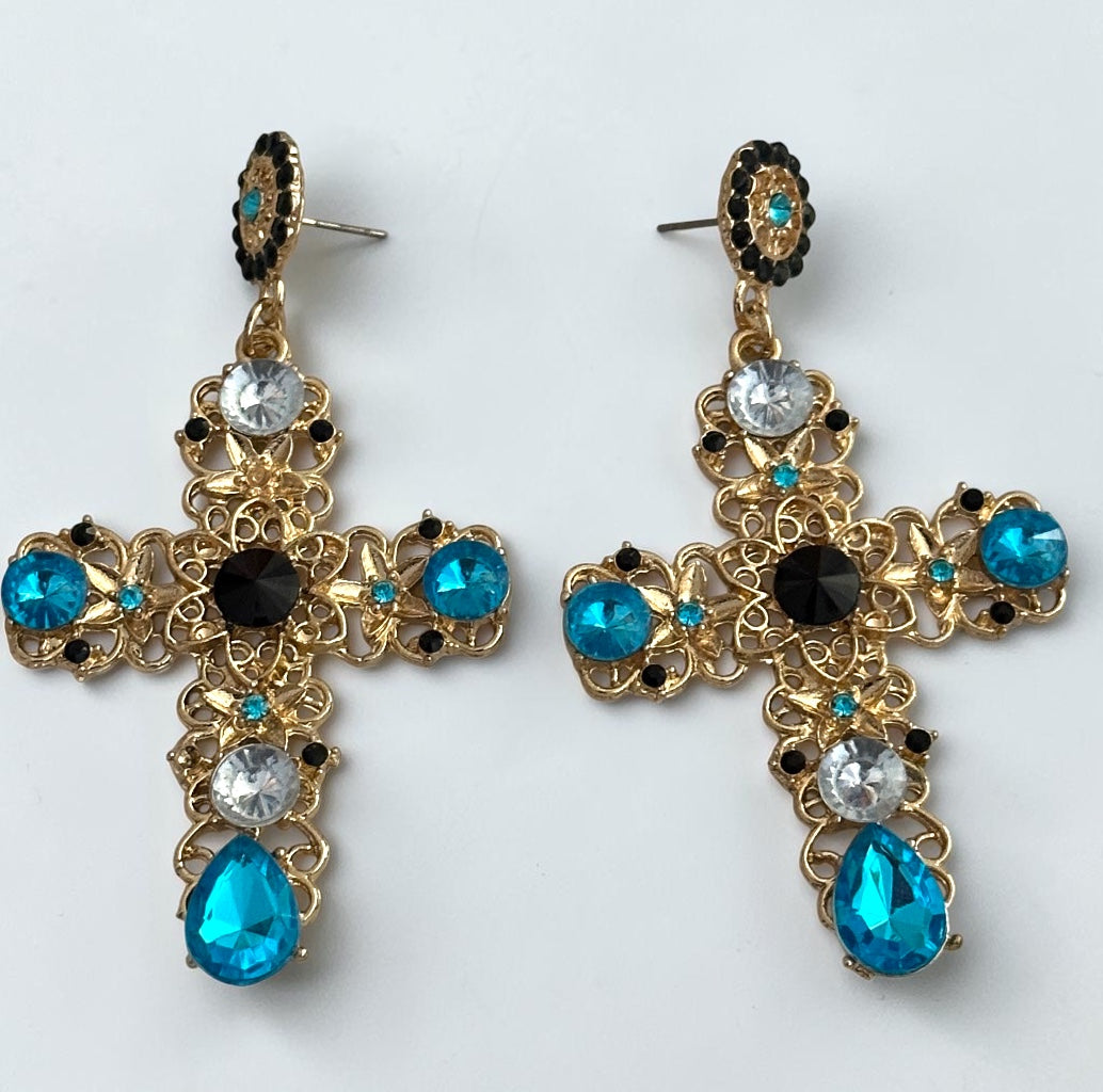 Baroque Colour Crystal Cross Drop Earrings