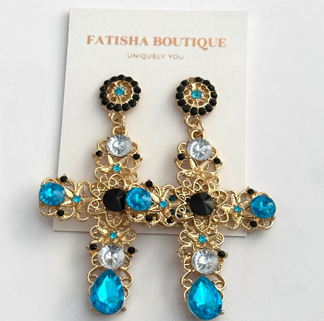 Baroque Colour Crystal Cross Drop Earrings
