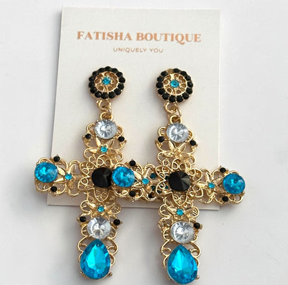 Baroque Colour Crystal Cross Drop Earrings
