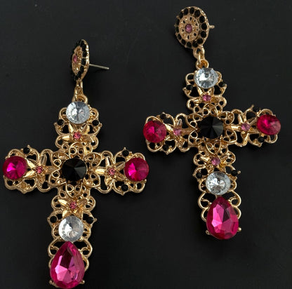 Baroque Colour Crystal Cross Drop Earrings