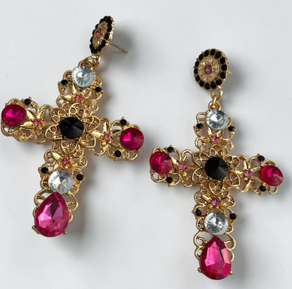 Baroque Colour Crystal Cross Drop Earrings