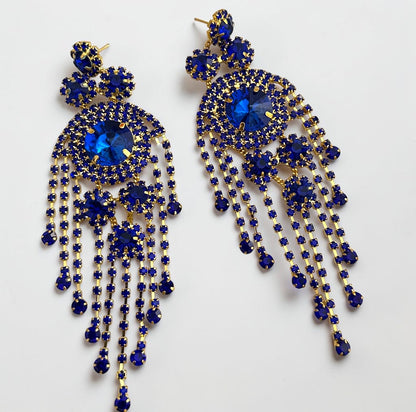 Royal Blue Crystal Tassel Statement Earrings