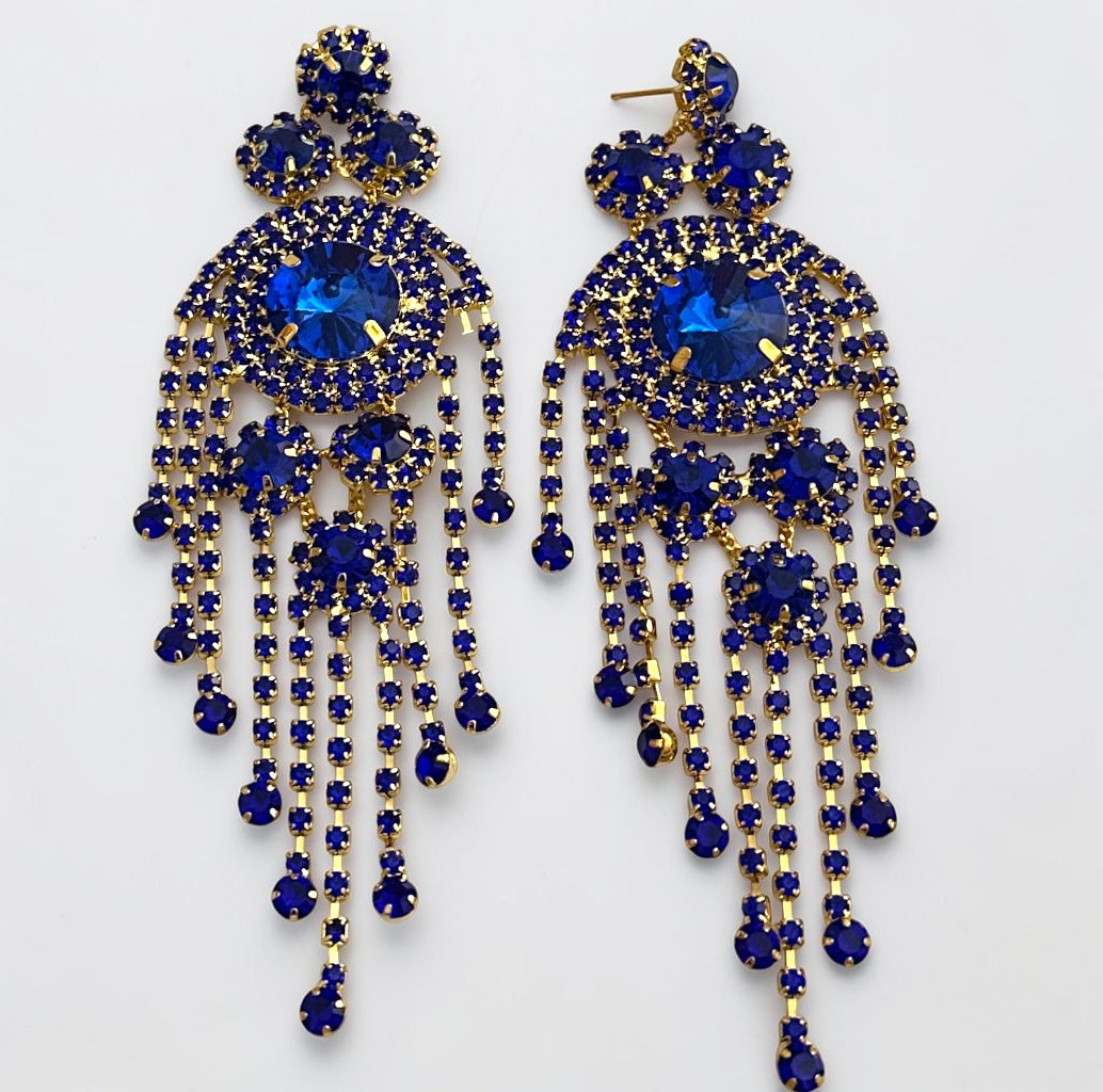 Royal Blue Crystal Tassel Statement Earrings