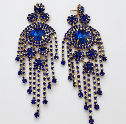 Royal Blue Crystal Tassel Statement Earrings