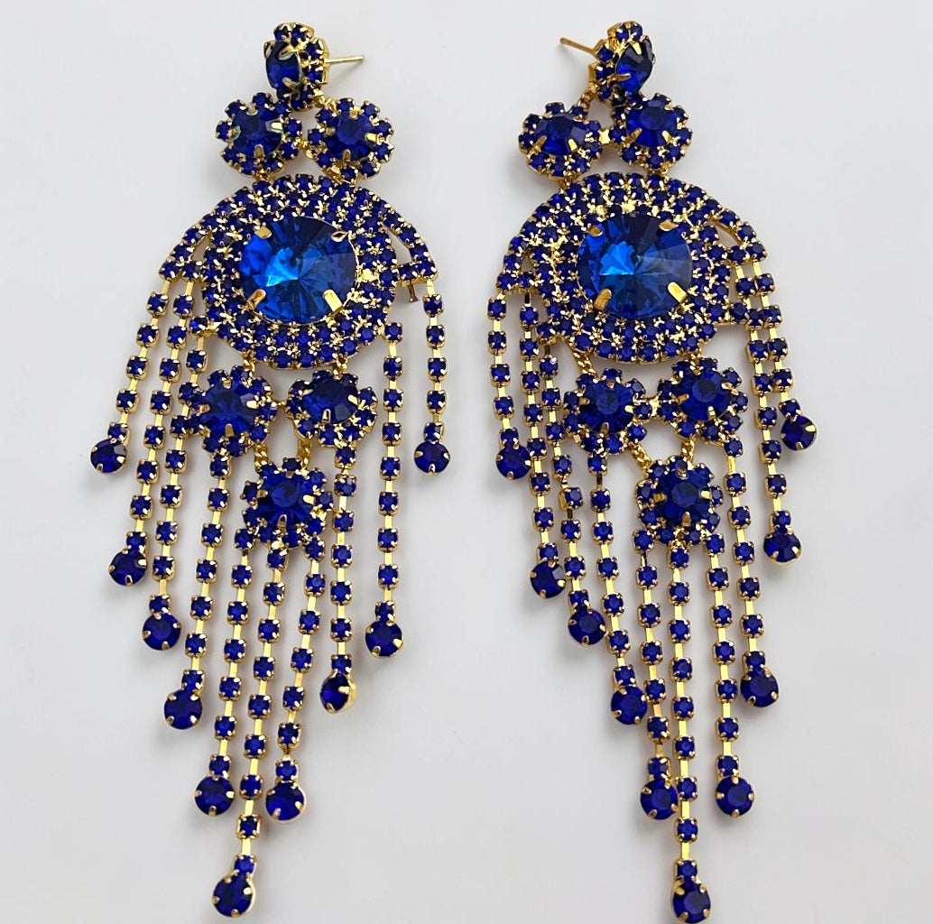 Royal Blue Crystal Tassel Statement Earrings