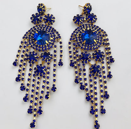 Royal Blue Crystal Tassel Statement Earrings
