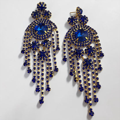 Royal Blue Crystal Tassel Statement Earrings