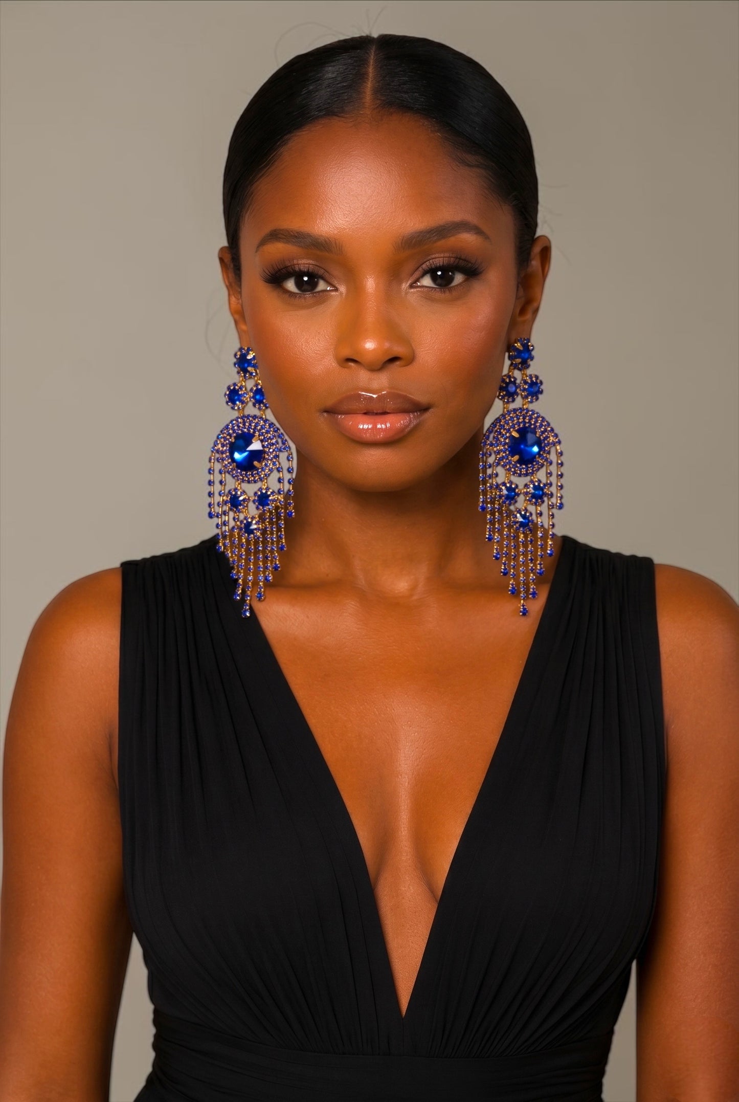Royal Blue Crystal Tassel Statement Earrings