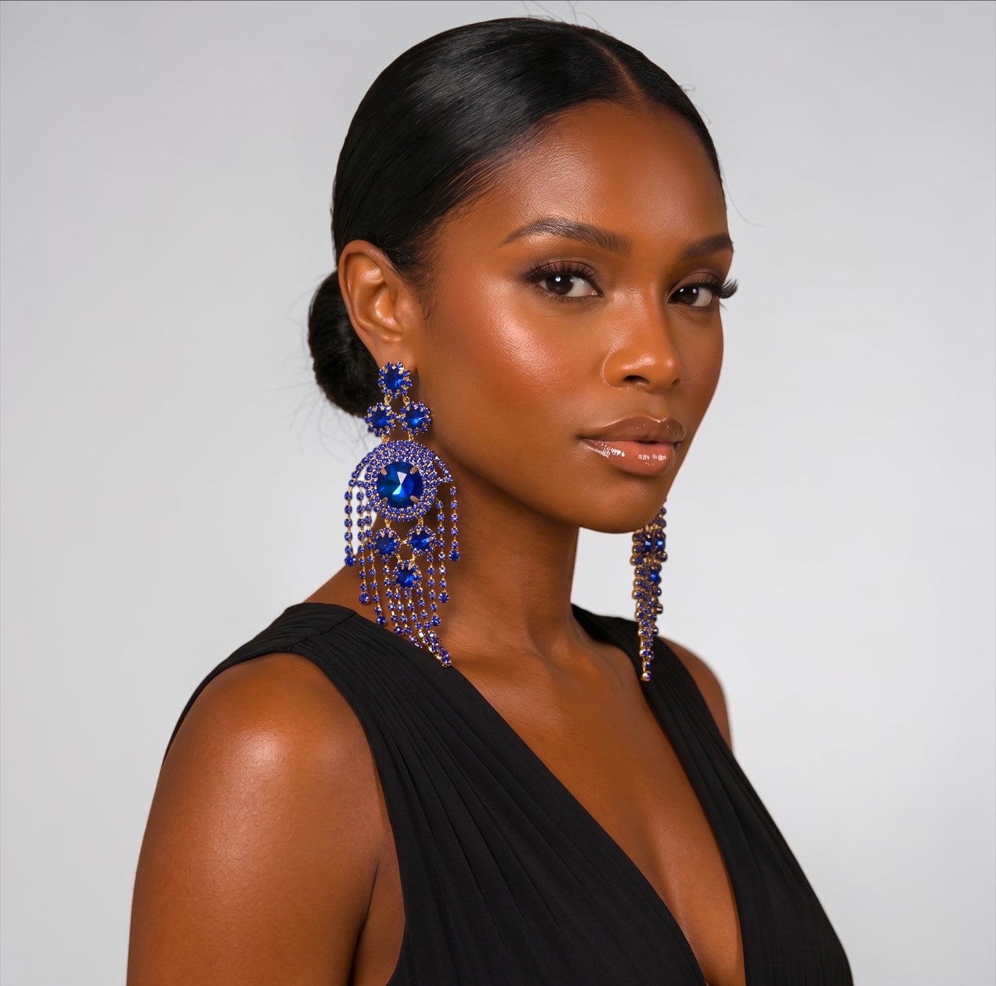 Royal Blue Crystal Tassel Statement Earrings