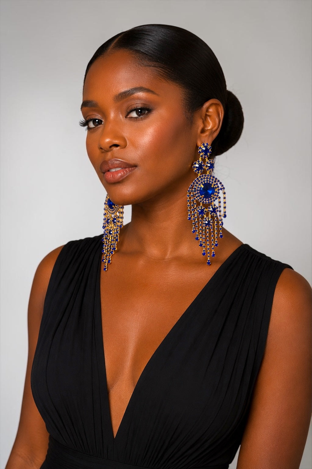 Royal Blue Crystal Tassel Statement Earrings