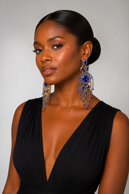 Royal Blue Crystal Tassel Statement Earrings