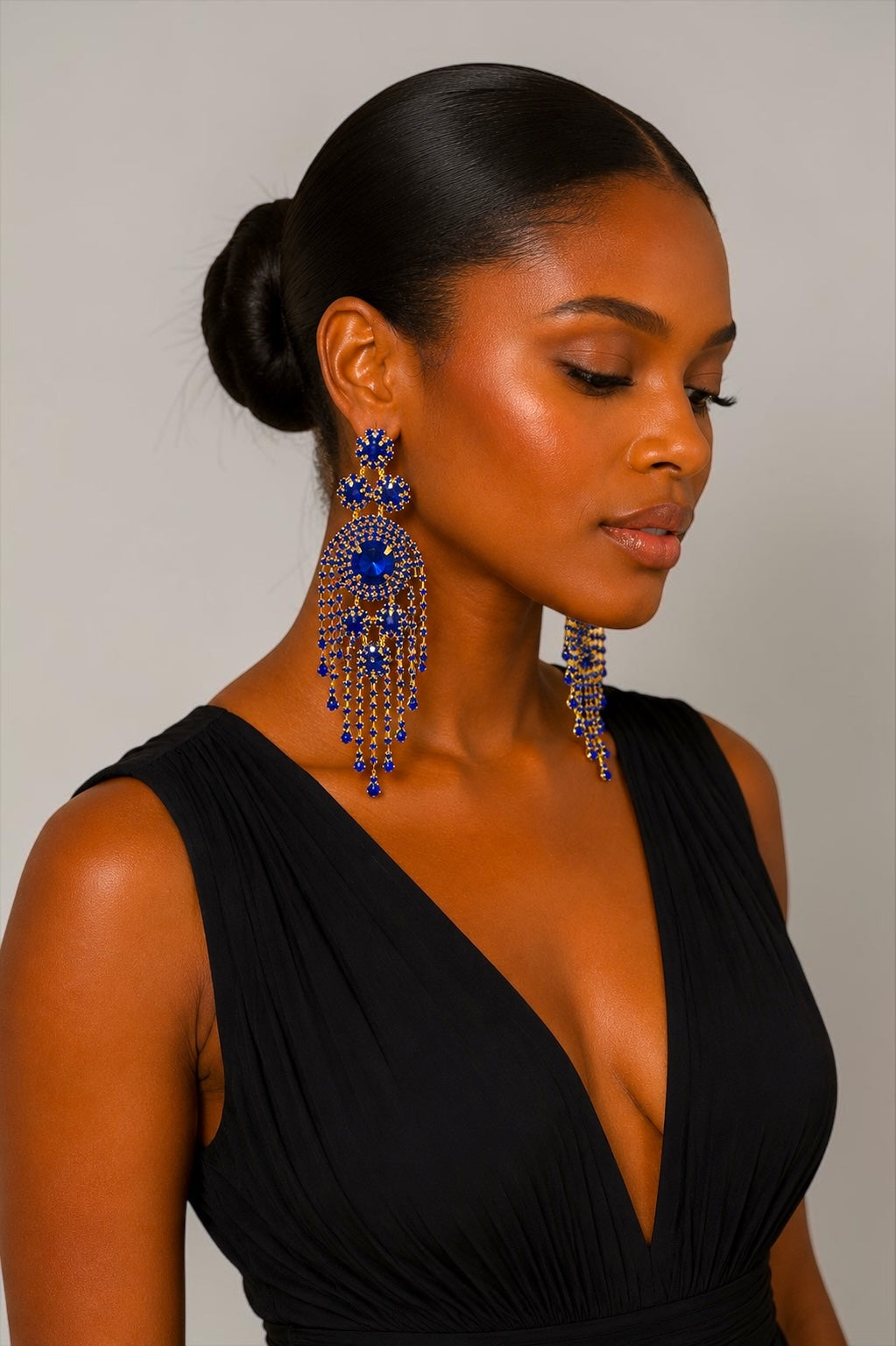 Royal Blue Crystal Tassel Statement Earrings