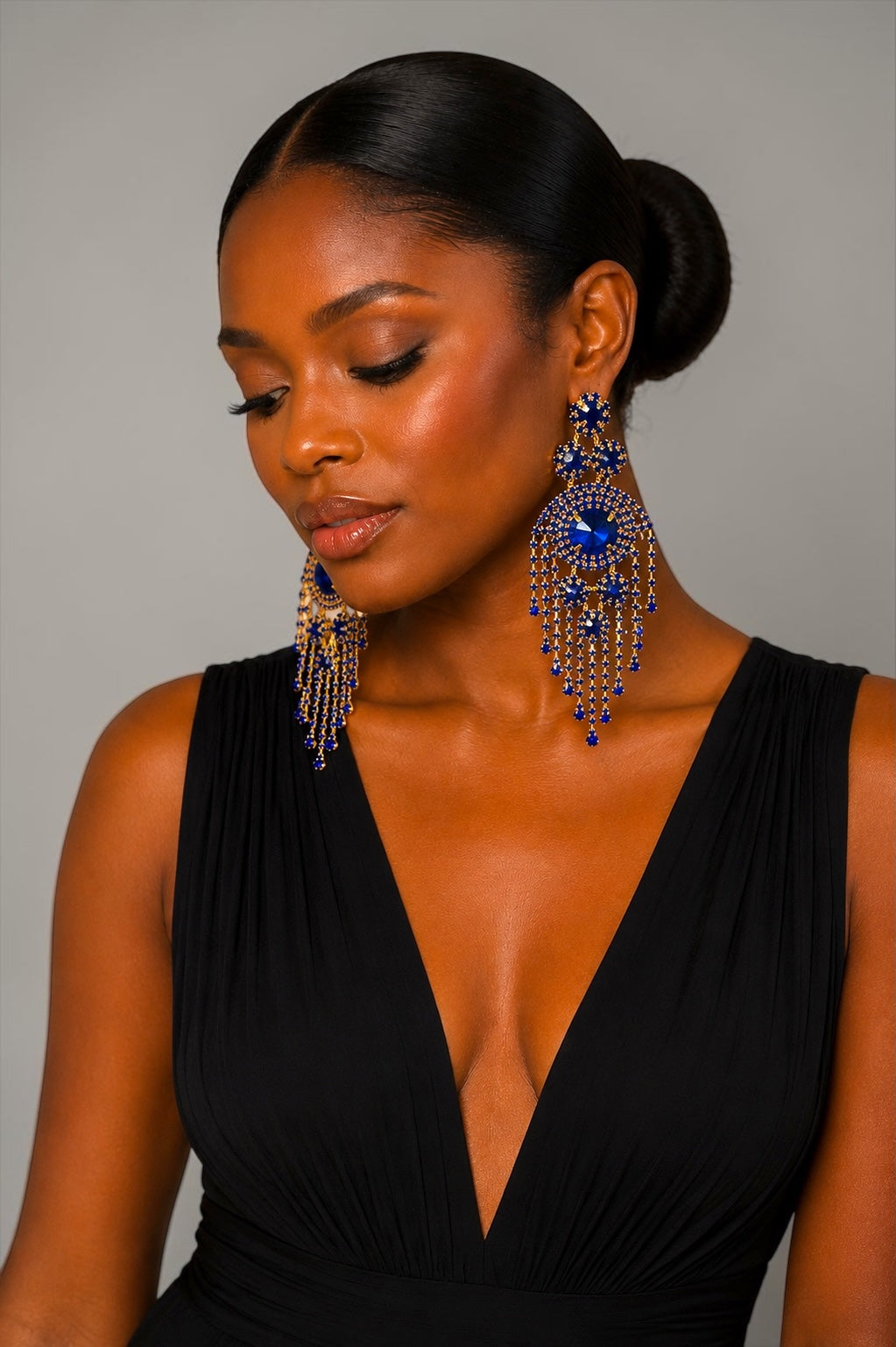 Royal Blue Crystal Tassel Statement Earrings