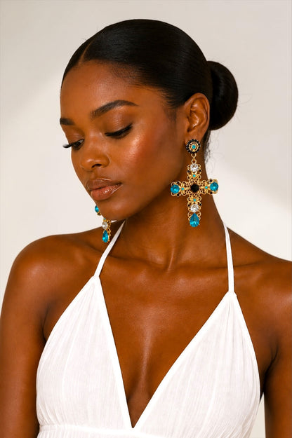 Baroque Colour Crystal Cross Drop Earrings